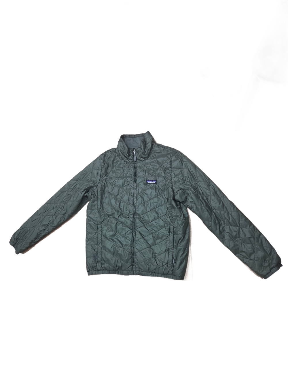 Patagonia Women's Olive Green Puffer Jacket with Multicolor Logo